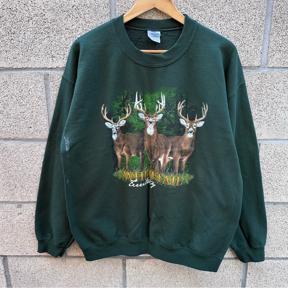 Vintage Whitetail Deer Hunting Sweatshirt Mens L Green Nature Outdoors